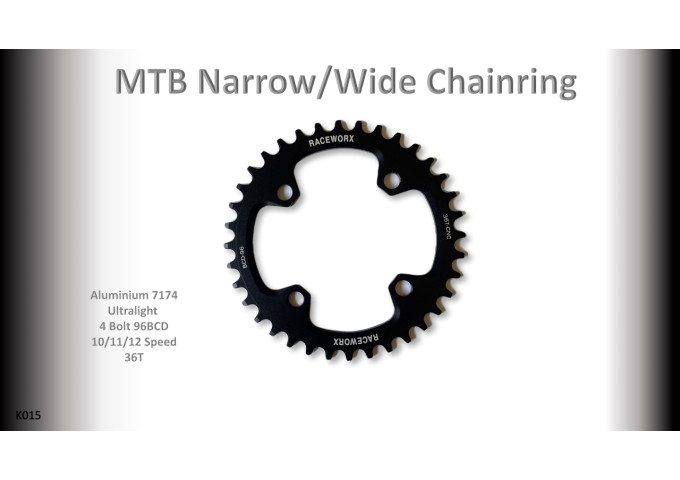 MTB (36T) 96BCD 10/11/12s 4 bolt 1x Round Black RACEWORX (Narrow/Wide Tooth Design)